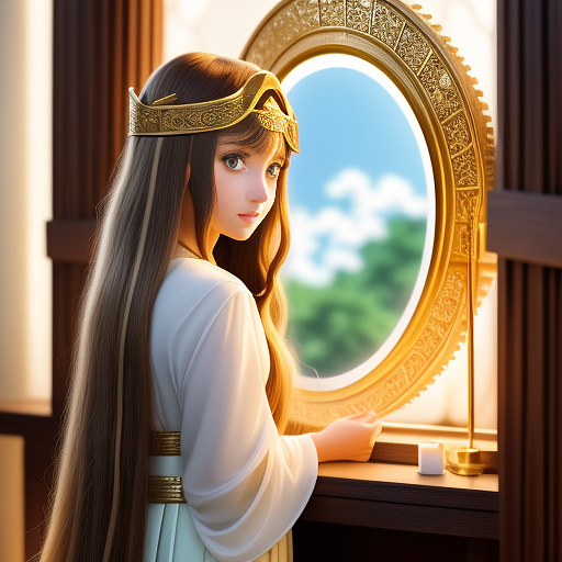 The most beautiful highest priestess long light brown hair, big light green eyes lighting the olympic flame using a concave mirror in ancient olympia, ancient greece in anime style