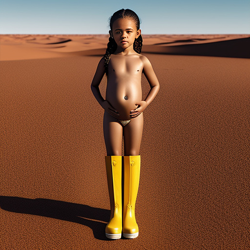 Realistic, detailed,7-years-old, jenna ortega, pregnant, nude, yellow boots, desert in custom style