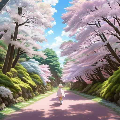 Blue-eyed girl in a pink dress riding a fluffy white deer in front of a forest in spring facing away from the forest in anime style