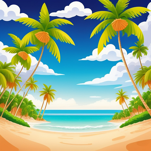 A beach background with palm trees and organic clouds in disney painted style