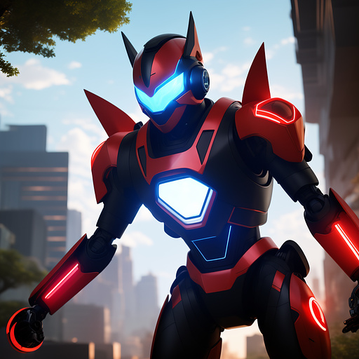 A 12 year old boy discovers a futuristic robotic suit and mask in his backyard, and with a sense of wonder and curiosity, he puts them on and he transforms into a powerful evil robot permanently, 4k, neon red in anime style