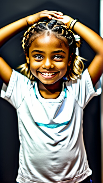 Cute smiling white 8 year blonde girl,  hands behind head,  in custom style