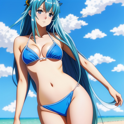 Vore, bikini, blue hair, long hair in anime style