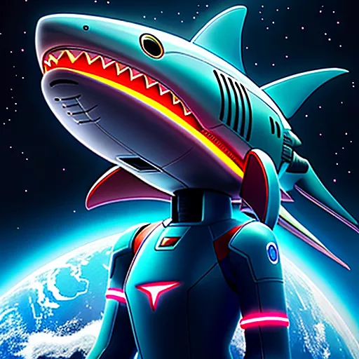 Robotic space shark with a back fin and jetpack in anime style