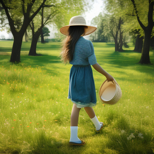 A girl is skipping across a sunny lawn. she has a basket in her hands and a hat on her head. in custom style