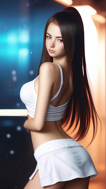 Hot girl, front facing, very large chest, very big breasts, tight shirt with a boob window, mini skirt, facing forward, thin face, skinny, ripped clothes, cleavage, looking forward, seductive face, boobs covered in anime style