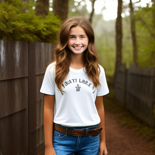 Extremely attractive 13 year old very youthful, happy, country girl with brown hair and big breasts, and a freckled face wearing a loose, dark dark brown, t-shirt with jeans, boots, and a belt standing in front of a wood fence with chipped, white paint standing in leaf litter. in custom style