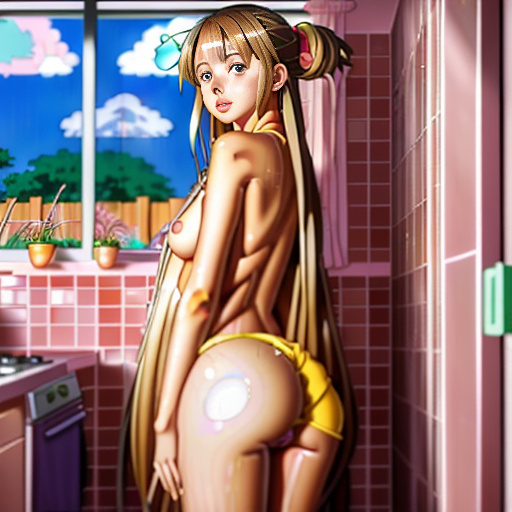 Ana d armas in the kitchen, she is naked,her pussy is wet ،a dildo is inside her pussy  in anime style