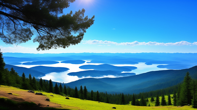 On the mountain overlooking wide lake with a blue hazy valley with a distant mountain range in custom style