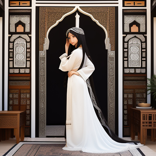 Beauty white girl with black long hair with moroccan dress in moroccan house  in anime style