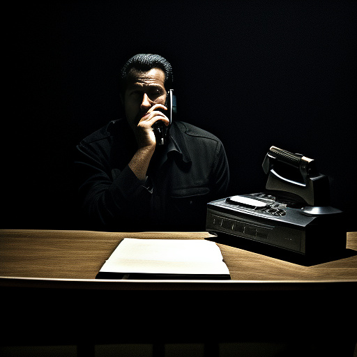 In a dark room, there is a telephone and a gun on the table. a man is sitting on a chair, and he is dead. in custom style