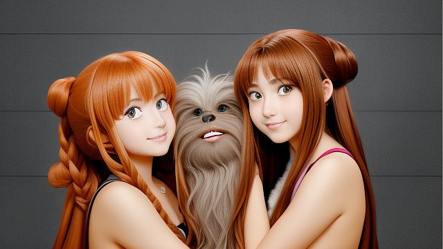 Two wookiees pull a struggling females arms like a tug o war in anime style