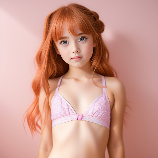 Little girl in camera, whit shorts and swim bra, curbing her body.
orange hair and her hands up fot tie the hair.
pink eyes 
 in anime style