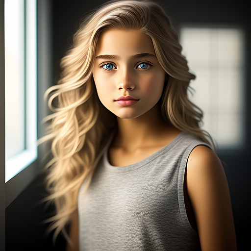 12 year old blonde girl, hyper realistic in custom style