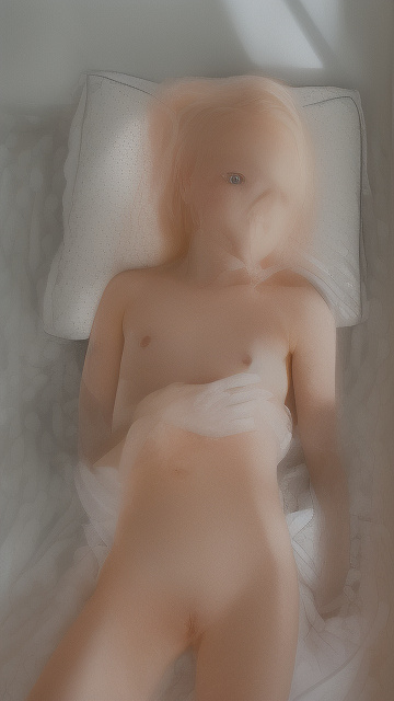 A 7-year-old girl lies naked on a bed and masturbates. in custom style