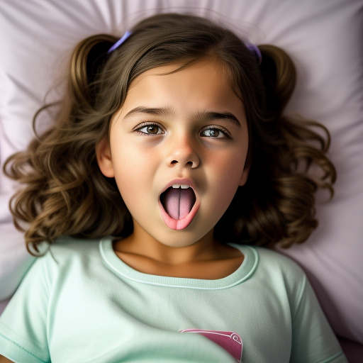 Realistically a 10 year old girl sleeps in bed with an open mouth in bed in custom style