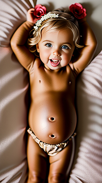 Realistic, detailed, 4-year-old blonde girl, pregnant, tan wedding outfit, showing belly, laying in bed, top down full body view, red blush, tan skin, mouth open, milk  in custom style