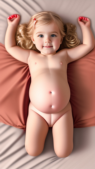 Realistic, detailed, 4-year-old blonde girl, in red  peach dress, pregnant, laying in bed, top down full body view, red blush, right hand on belly   in custom style