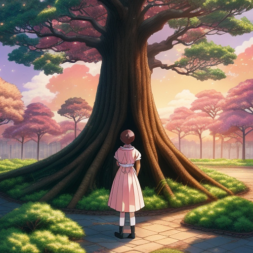 The girl is at the naichiar and here is the tree and she has brown hair and sha warning a pink dress in anime style