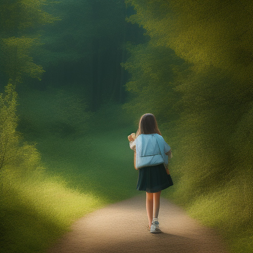 A 9-year-old girl is walking along a forest path. it's evening. she has a basket in her hand. view from behind. in custom style