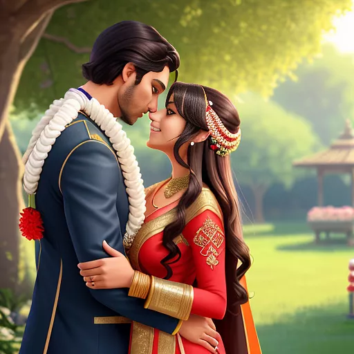  a disney pixar inspire poster of an indian woman and man, standing under a tree with thick red flower garlands hanging from the tree around them. the woman is standing to the left of the man, holding him with her hands placed on his chest. her hands have henna on the backs of them, and she has lots of gold tan and silver bangles. she is smiling into her husbands cheek and has a champagne and orange saari on. she has long straight brown hair, thick eyelashes, and a wedding ring on. her husband is standing to the right of her in a matching champange sherwani with sequins. his face is half covered by his wifes, but he has very short dark brown hair and a close shaved beard. he is kissing her cheek on the side you cannot see, and has his arms wrapped around her with his hands placed on her waist. they are facing each other in the photo. in anime style