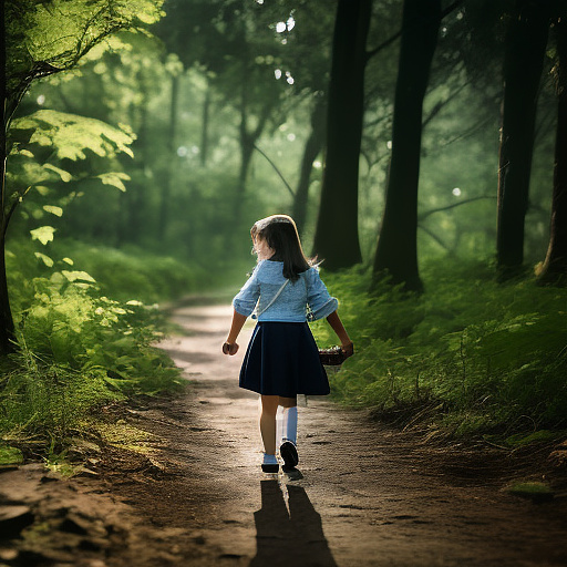 A 9-year-old girl is walking along a forest path. it's evening. she has a basket in her hand. view from behind. in custom style