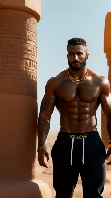 Alexander ludwig muslim arab black full beard extremely hairy chest toxic masculine alphamale thug arabic tattoos wearing thight tanktop sweatpants pumped ripped swollen muscles gold chains bracelets showing off desert in egypt style