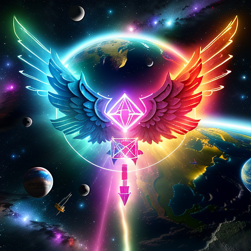 A cheerful transformer flies through space against the backdrop of planets. in angelcore style