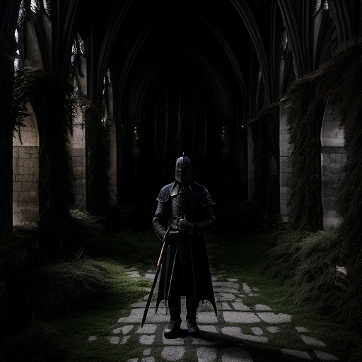 A knight with a axe in a over grown church in gothic style