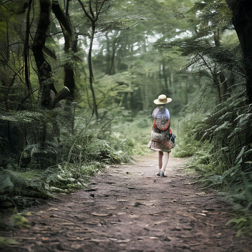 A tired 9-year-old girl is walking along a forest path. it's evening. she has a basket in her hand. she's wearing a panama hat. view from behind. in custom style