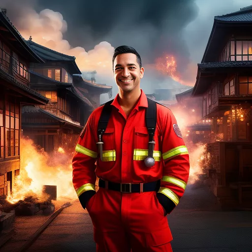 Smiling fireman during operation in anime style
