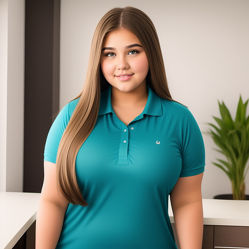 18 year old huge thick curvy bbw white girl brown long hair in 5 button tipped teal blue polo shirt 
 in custom style