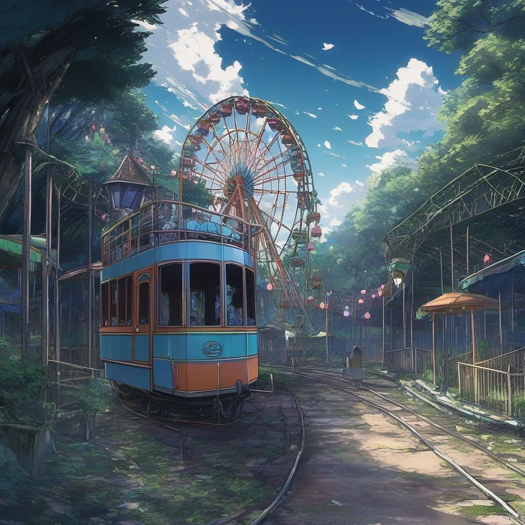 Haunted amusement park, abandoned horror style, decayed rides, ghostly figures. in anime style