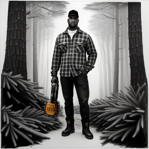 Full body portrait of an african american lumberjack wearing ppe (using a chainsaw) to cut down a tree in the forest
 in pancil style