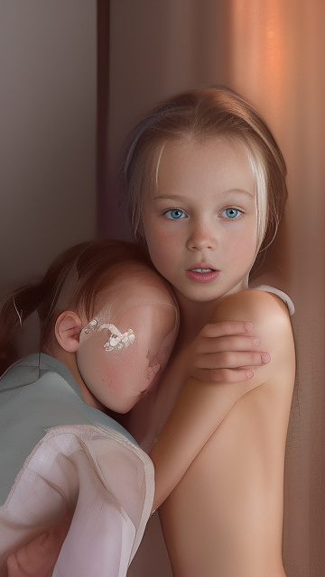 A 9-year-old naked girl is sucking another girl's breast. in custom style