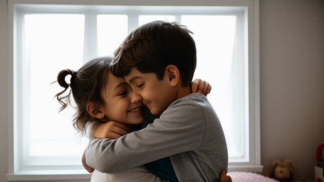 A romantic moment between a childhood couple in a cozy bedroom. the grade-5 sexy hot girl, wearing her thin string bras and her leggings, hugging the grade-5 boy. in custom style