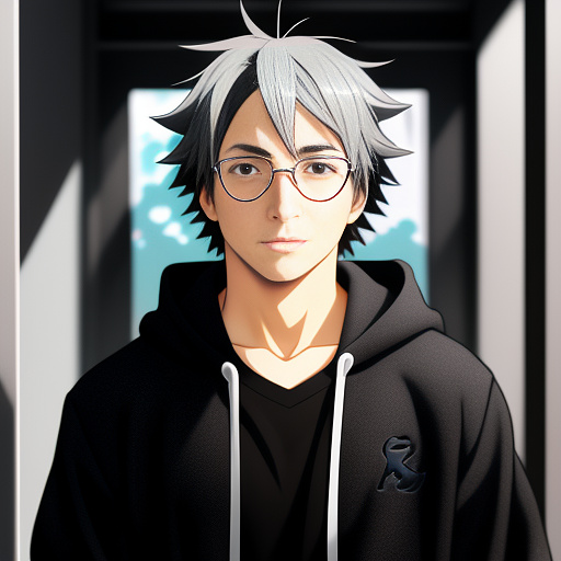Boy with black hoodie and swim glasses and gray hair in anime style