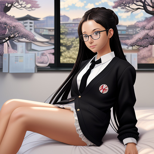 Ultra realistically a 22 year old german girl with a black braid with glasses and brown eyes 1.70 tall thin with a cell phone in hand with schoolgirl uniform lies with spreading legs on the bed and underwear with opening in the crotch you can see her vagina and her anus in anime style