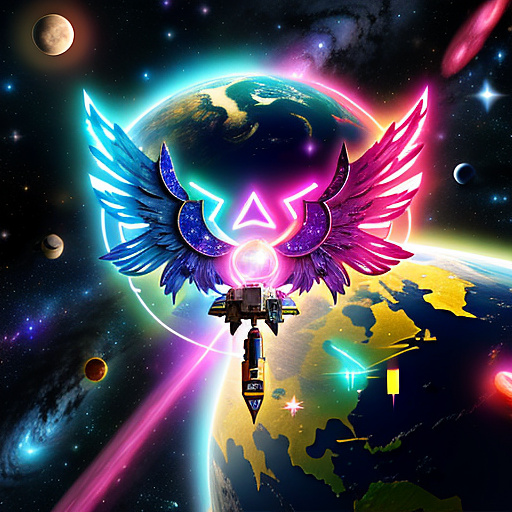 A cheerful transformer flies through space against the backdrop of planets. in angelcore style