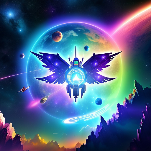 A cheerful transformer flies through space against the backdrop of planets. in angelcore style