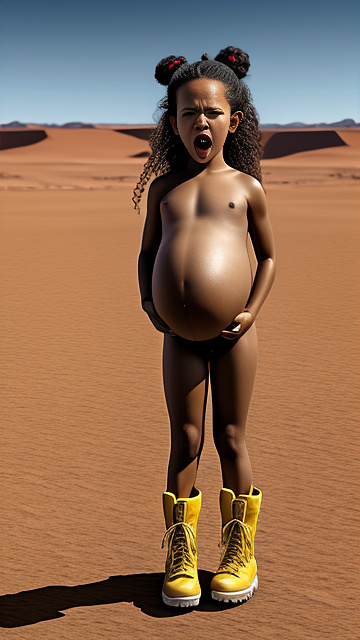 Realistic, hyper-detailed, pregnant, 7-years-old, jenna ortega, desert, yellow boots, nude, angry face, screaming in pain in custom style