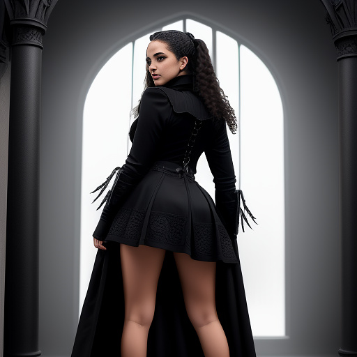 The backview of a heroic young sexy girl wearing a long fantasy dark coat with white background, full body tip to toe, short skirt in gothic style