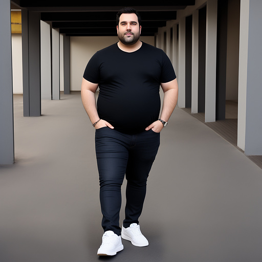 Full body obese dark haired white man without beard and huge belly in jeans in custom style