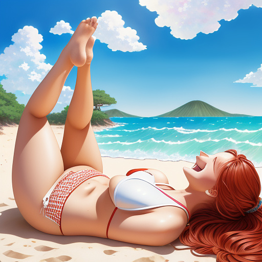 A woman is being tickled by a man while laying on a beach. the woman has long red hair in a ponytail and is wearing a bikini. the man is tickling the woman using his fingers. the woman is laughing hysterically and tries to push the man away as he tickles her. in anime style