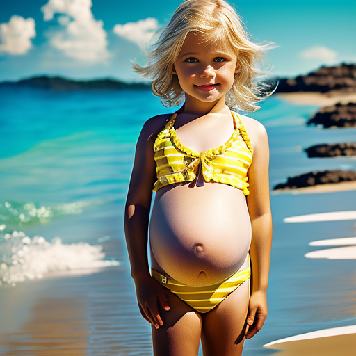 Realistic, detailed, pregnant, 7 years old white boy, yellow swimwear, beach, blonde in custom style