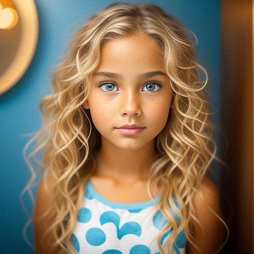 Tan girl with blonde wavy hair and light blue eyes
 in disney painted style
