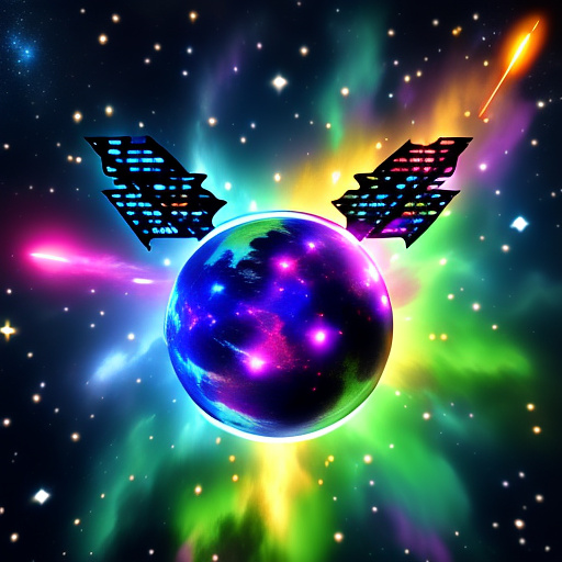 A cheerful transformer flies through space against the backdrop of planets. in angelcore style