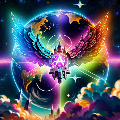A cheerful transformer flies through space against the backdrop of planets. in angelcore style