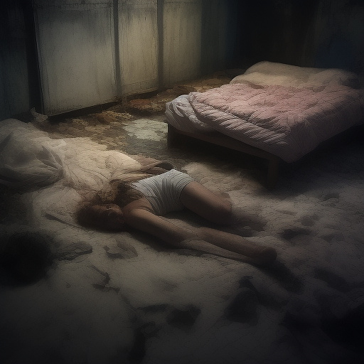 A 13-year-old girl lies on a bed in a dark room and cries. the room is dark, smoky and a mess, the bed is broken. there is an ashtray with an outstanding cigarette on the table. in custom style