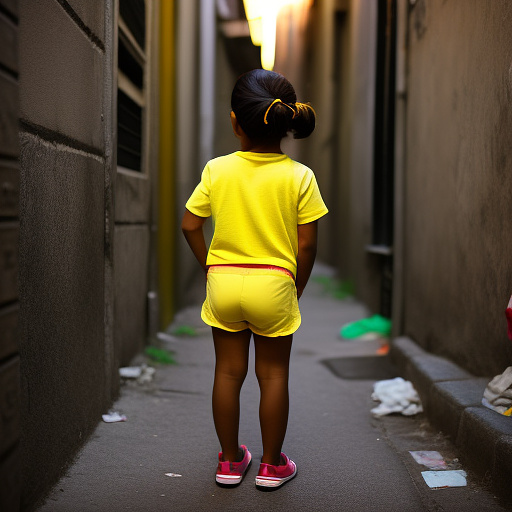 Pregnant, 7-years-old-boy, yellow underwear, alleyway in custom style